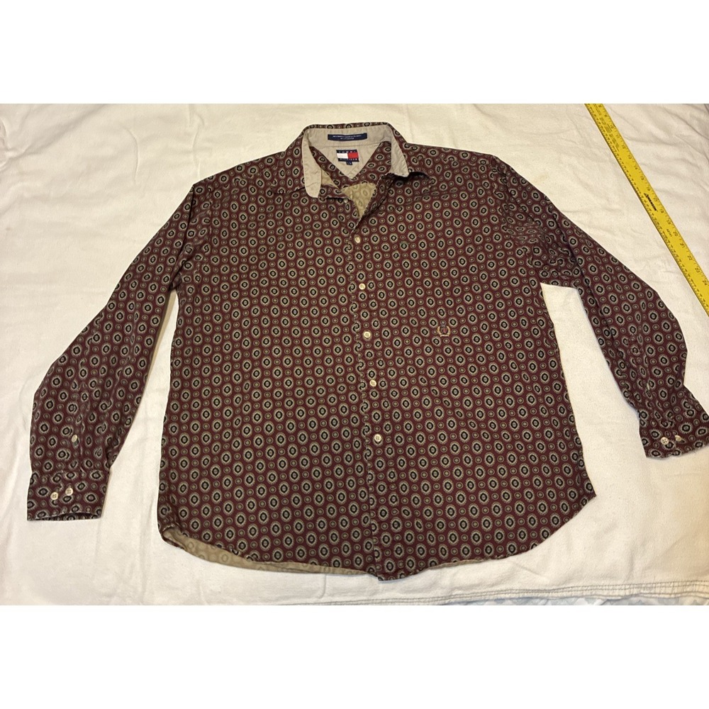 VTG 90s Tommy Hilfiger Men Large Burgundy Medallion Print Cotton Button-up Shirt